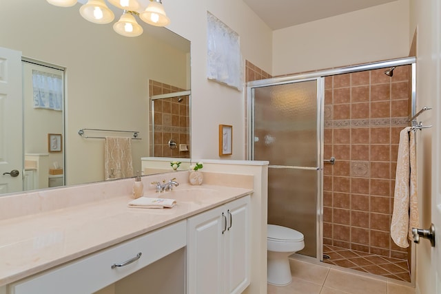 306 SW Tomoka Springs Dr, Port Saint Lucie, FL 34986 - bathroom with a stall shower, vanity, a chandelier, toilet, and tile patterned flooring