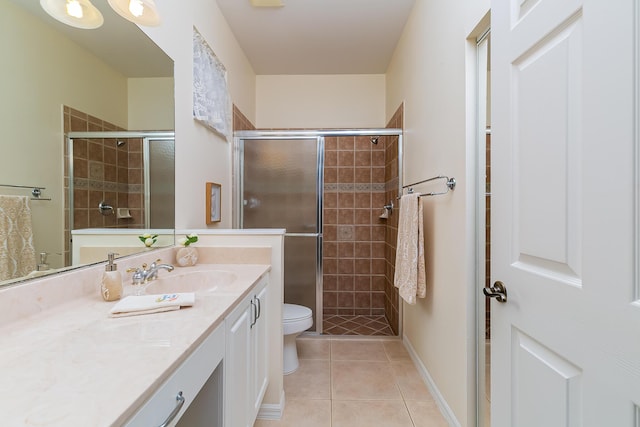 bathroom featuring tile patterned flooring, vanity, an enclosed shower, and toilet