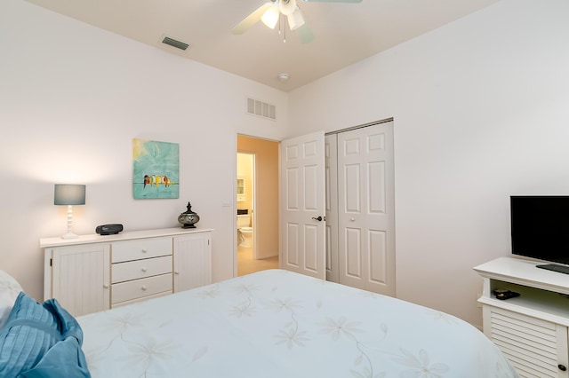 bedroom with ceiling fan and a closet