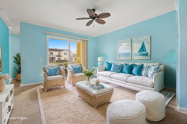 tiled living room featuring ornamental molding and ceiling fan