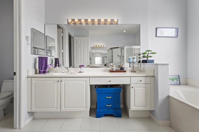 bathroom with tile patterned flooring, vanity, and plus walk in shower