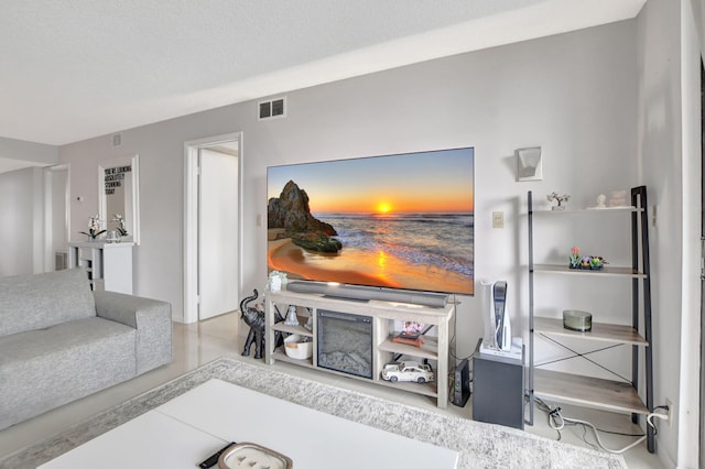 living room with a textured ceiling