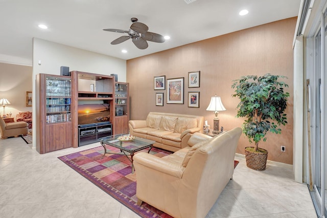 living room featuring ceiling fan