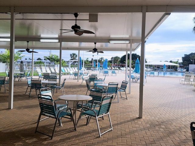 view of patio / terrace with ceiling fan and a community pool