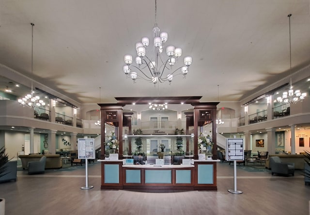 welcome area with an inviting chandelier