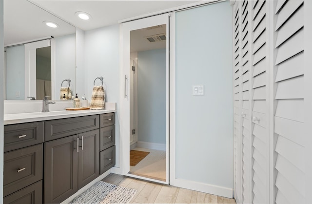 bathroom with wood-type flooring and vanity