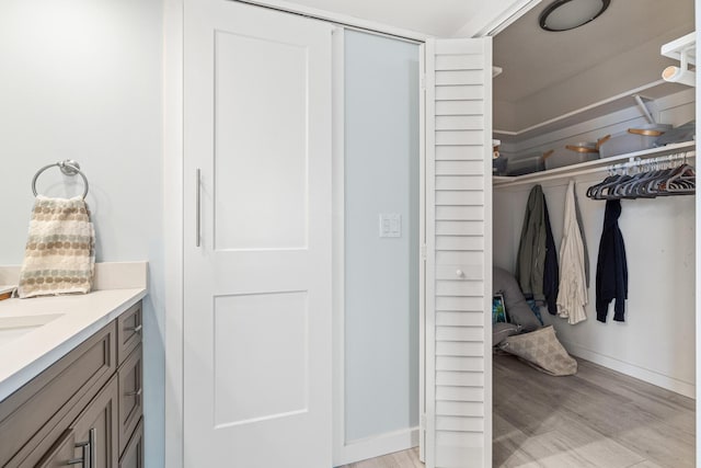 bathroom featuring hardwood / wood-style floors and vanity