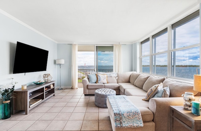 tiled living room featuring a water view, a wall of windows, and ornamental molding