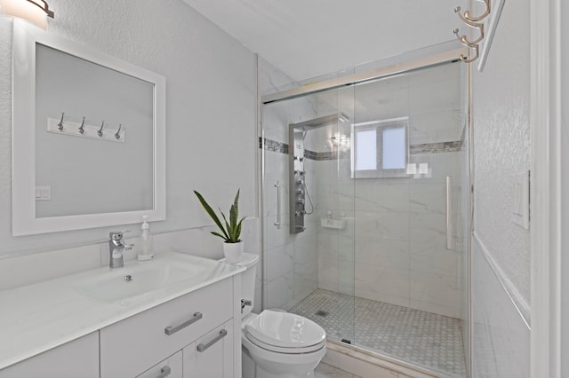 bathroom featuring a shower with door, vanity, and toilet