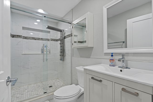 bathroom with vanity, toilet, and a shower with shower door