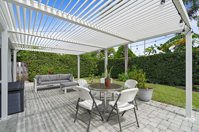 view of patio / terrace with an outdoor hangout area and a pergola