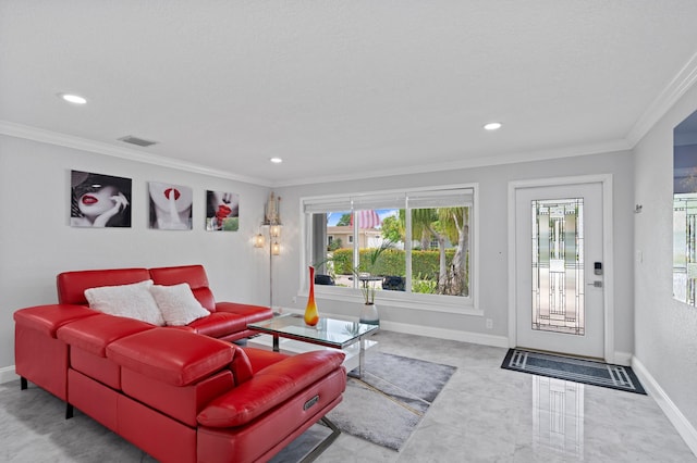 living room with ornamental molding