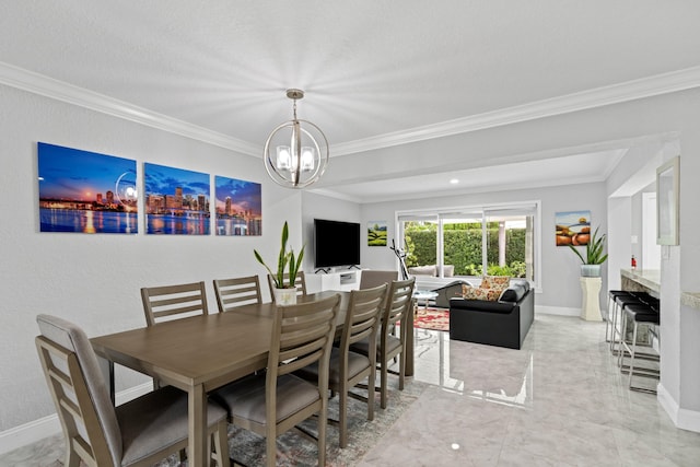 dining space featuring crown molding, a chandelier, and a textured ceiling