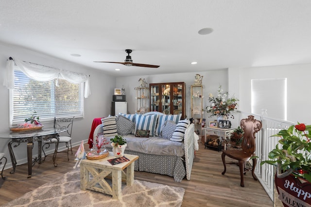 living room with dark hardwood / wood-style floors and ceiling fan