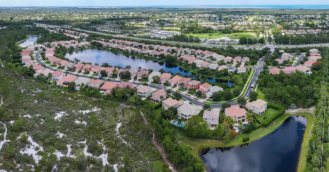 aerial view featuring a water view