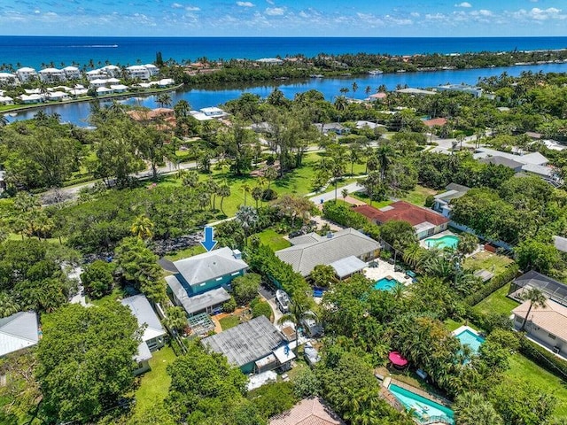 drone / aerial view with a water view