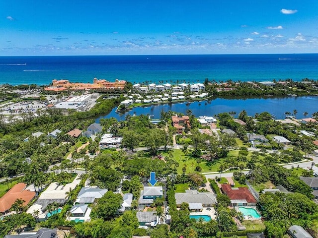 drone / aerial view with a water view