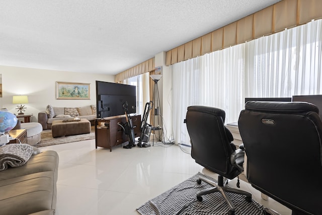 tiled office with a textured ceiling