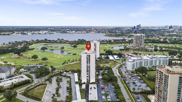 bird's eye view with a water view