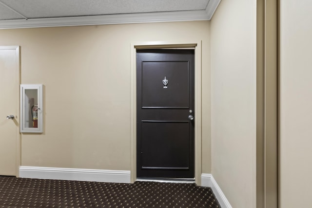 interior space with crown molding and carpet flooring