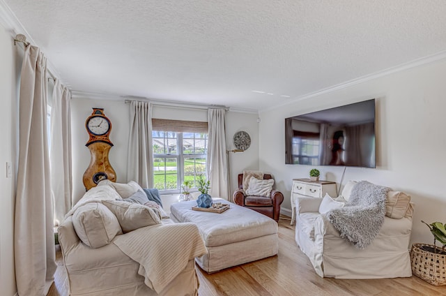 living room with crown molding, a textured ceiling, and light wood-type flooring