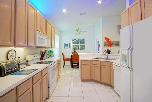 kitchen featuring white appliances, light brown cabinetry, sink, light tile patterned flooring, and ceiling fan