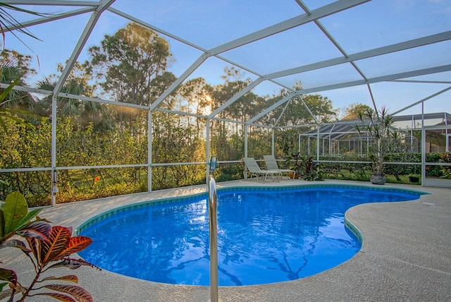 view of swimming pool with a lanai and a patio area