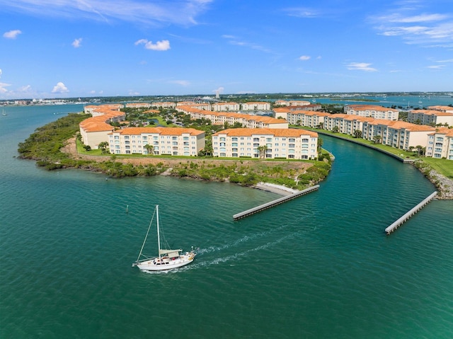 bird's eye view with a water view