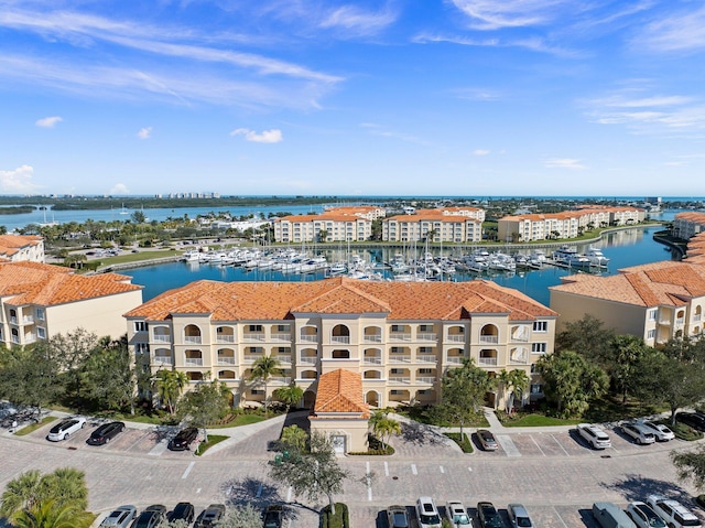 aerial view featuring a water view