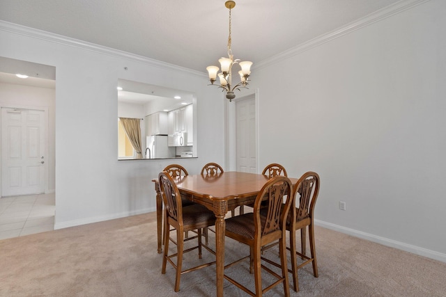 carpeted dining area featuring a notable chandelier and crown molding