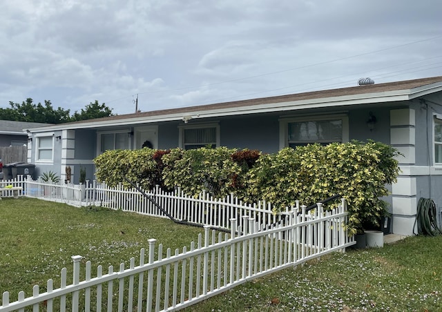 view of property exterior featuring a fenced front yard, a yard, and stucco siding