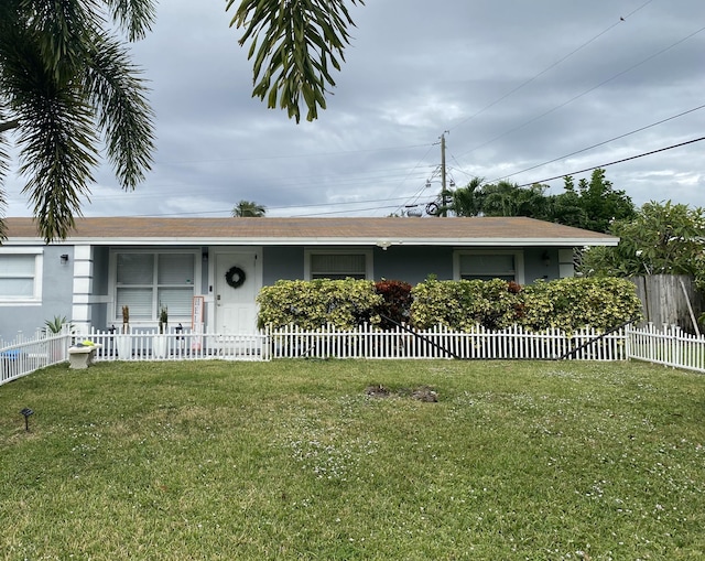 ranch-style house featuring a fenced front yard, a front yard, and stucco siding