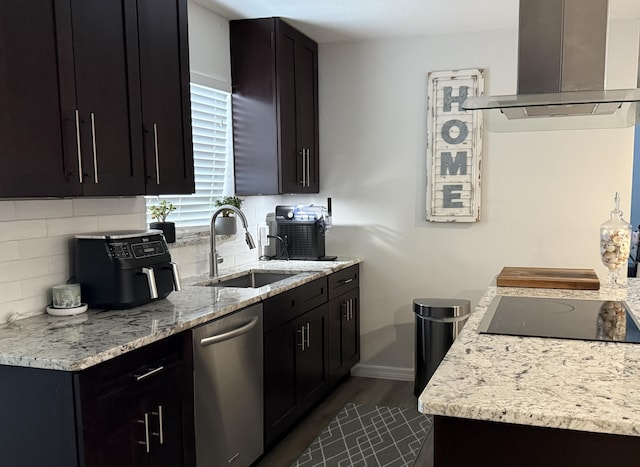 kitchen featuring tasteful backsplash, dishwasher, wall chimney exhaust hood, dark wood-type flooring, and a sink