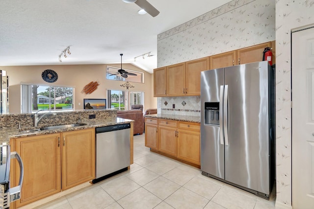 kitchen with light stone counters, ceiling fan, and stainless steel appliances