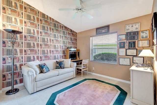 interior space featuring tile patterned flooring, lofted ceiling, and ceiling fan