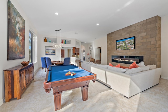 game room with billiards and light tile patterned flooring