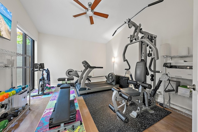 exercise area featuring vaulted ceiling, hardwood / wood-style floors, and ceiling fan