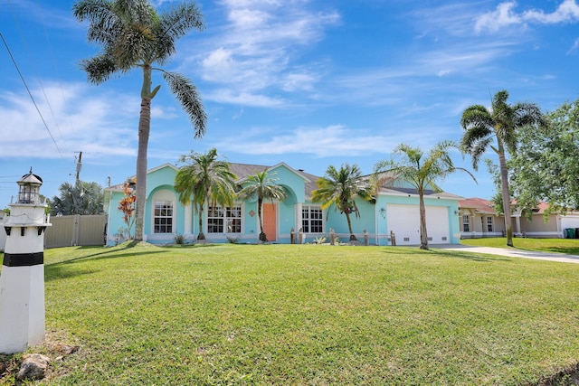 ranch-style home featuring a garage and a front lawn