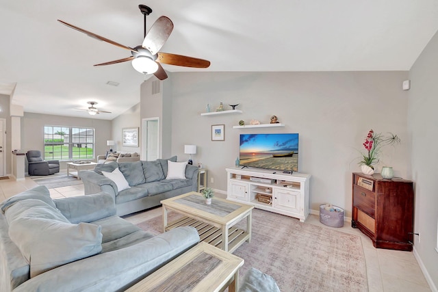 tiled living room with vaulted ceiling and ceiling fan