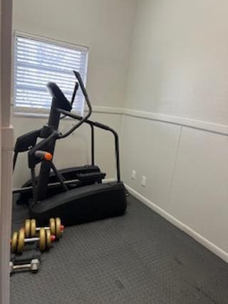 workout area featuring carpet flooring