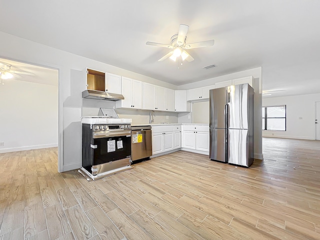 kitchen with ceiling fan, sink, white cabinetry, light hardwood / wood-style flooring, and stainless steel appliances