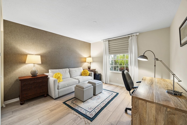 office space featuring light hardwood / wood-style floors and a textured ceiling