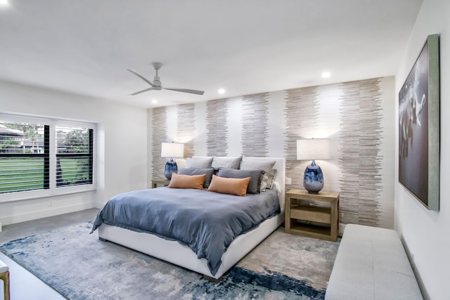 bedroom featuring concrete floors and ceiling fan