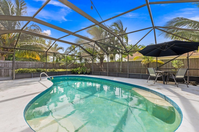 view of pool with a patio area and a lanai