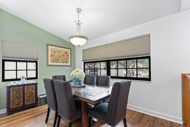 dining room with hardwood / wood-style floors and vaulted ceiling