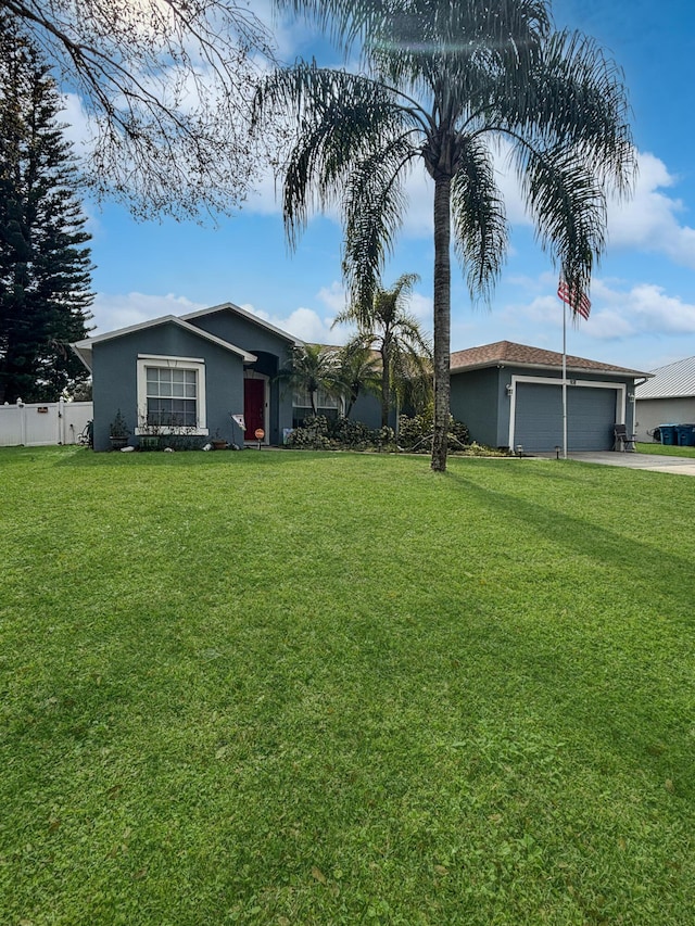 single story home with a garage and a front yard