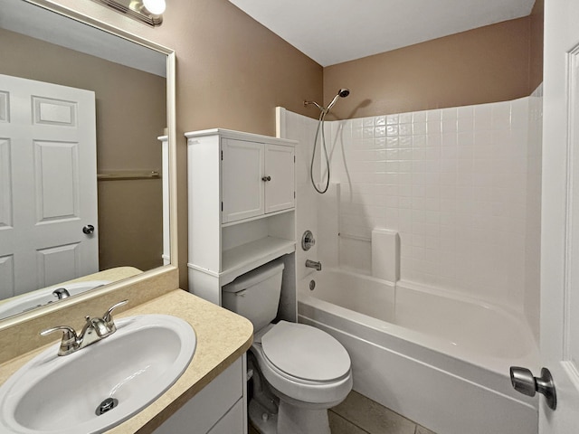 full bathroom featuring toilet, shower / tub combination, tile patterned floors, and vanity