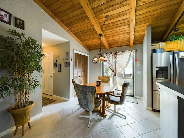 dining space with wood ceiling, vaulted ceiling with beams, and an inviting chandelier