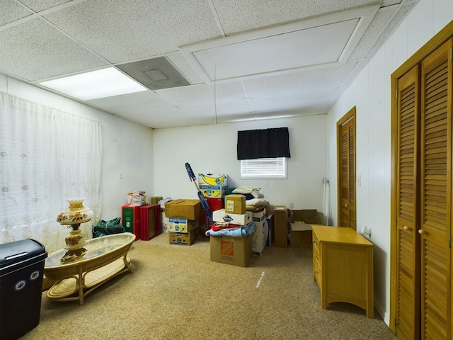 basement with a paneled ceiling and carpet floors