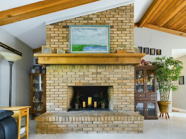 tiled living room featuring a fireplace and vaulted ceiling with beams